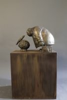 Mocking Bird in an Orange Bush, Bronze with Steel Base, 49 x 20.5 x 28.5 inches, Sculpture by Michael Hermesh, Michael Hermesh's New Show